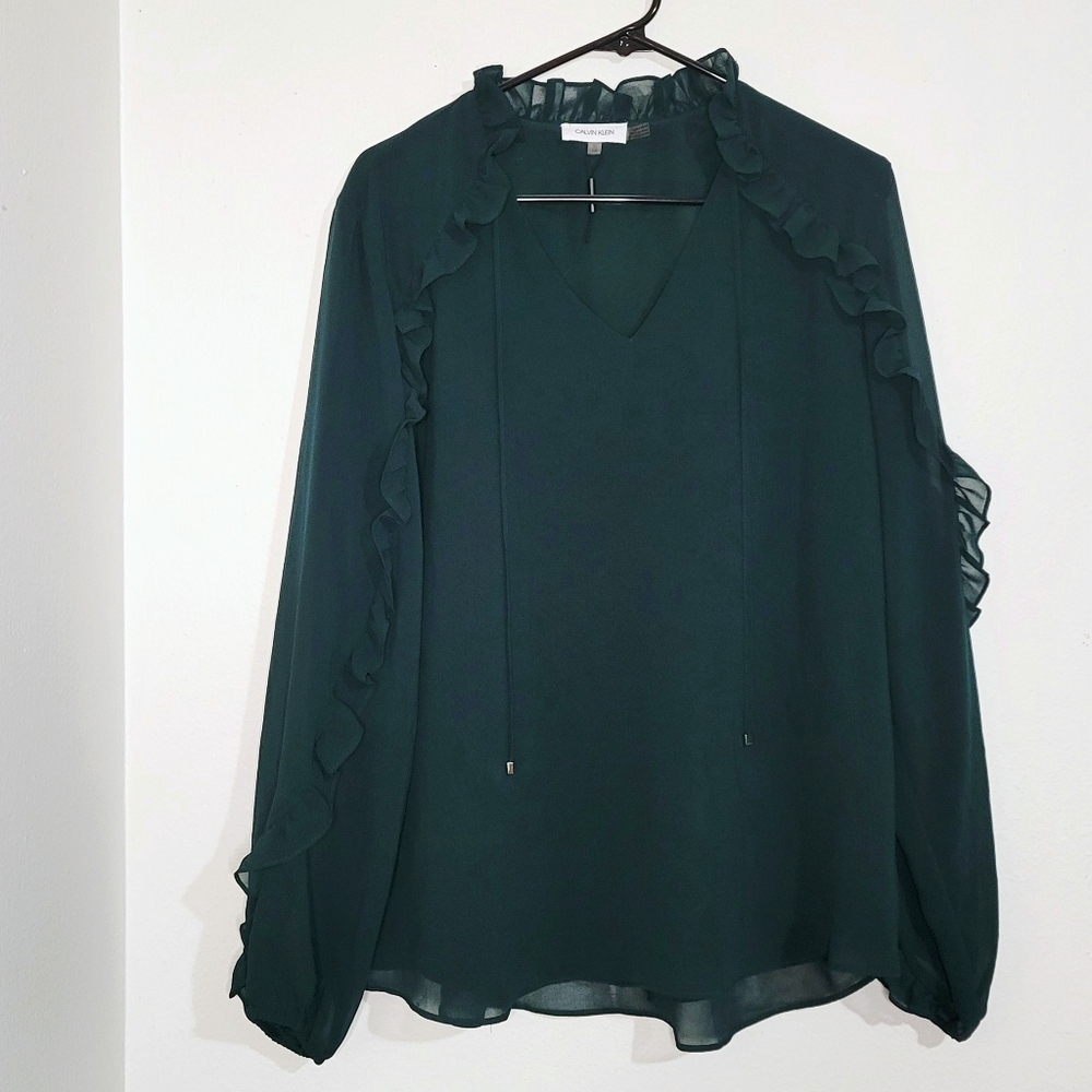 Calvin Klein Dark Green Sheer Ruffle Long Sleeve Blouse. Size XL